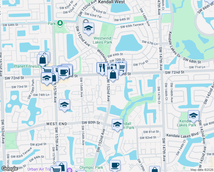 map of restaurants, bars, coffee shops, grocery stores, and more near 7350 Southwest 152nd Avenue in Miami