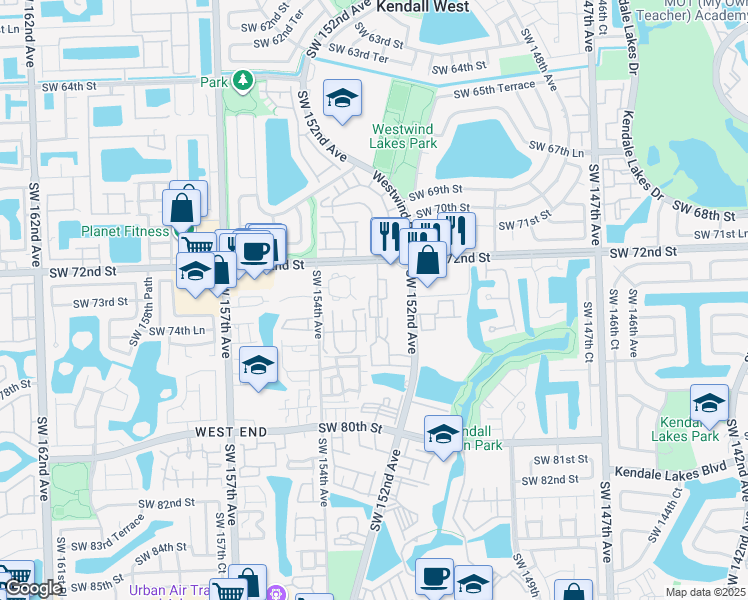 map of restaurants, bars, coffee shops, grocery stores, and more near 15331 Southwest 73rd Terrace Circle in Miami