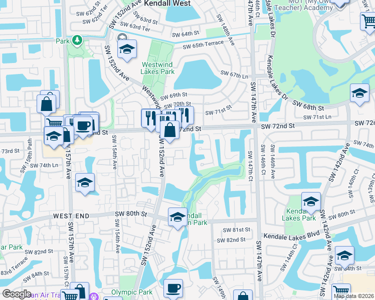 map of restaurants, bars, coffee shops, grocery stores, and more near 14967 Southwest 74th Terrace in Miami