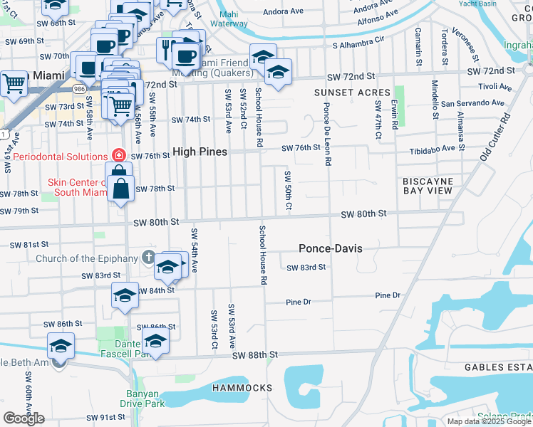 map of restaurants, bars, coffee shops, grocery stores, and more near 7910 School House Road in Miami