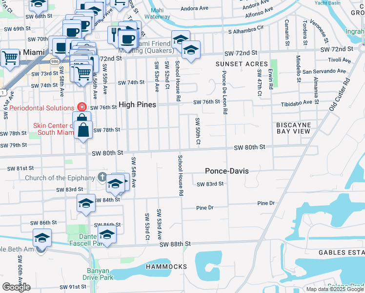 map of restaurants, bars, coffee shops, grocery stores, and more near 7910 School House Road in Miami
