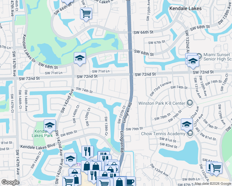 map of restaurants, bars, coffee shops, grocery stores, and more near 7283 Southwest 138th Court in Miami