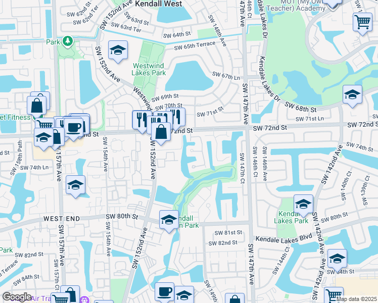 map of restaurants, bars, coffee shops, grocery stores, and more near 14967 Southwest 74th Terrace in Miami