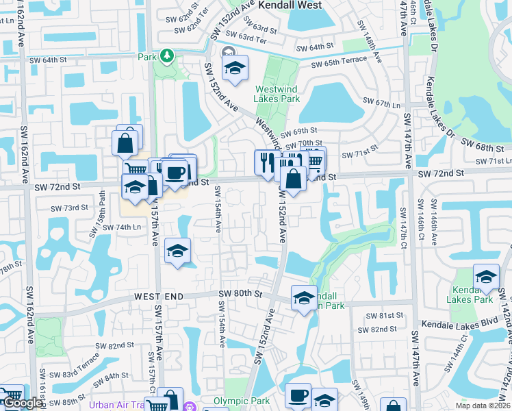 map of restaurants, bars, coffee shops, grocery stores, and more near 15331 Southwest 73rd Terrace Circle in Miami