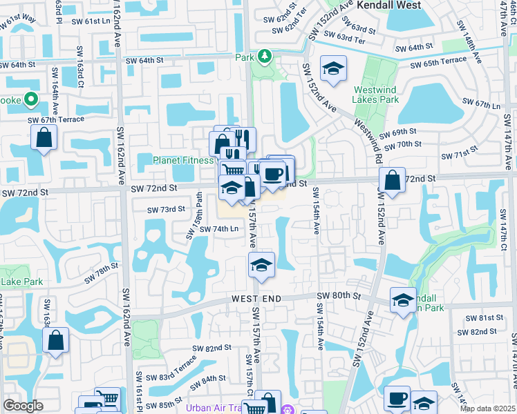 map of restaurants, bars, coffee shops, grocery stores, and more near 15680 Southwest 72nd Street in Miami