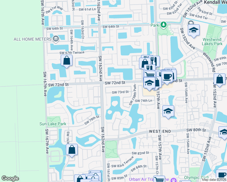 map of restaurants, bars, coffee shops, grocery stores, and more near 16070 Southwest 72nd Terrace in Miami