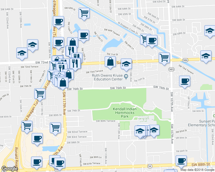 map of restaurants, bars, coffee shops, grocery stores, and more near 11011 Southwest 112th Place in Miami