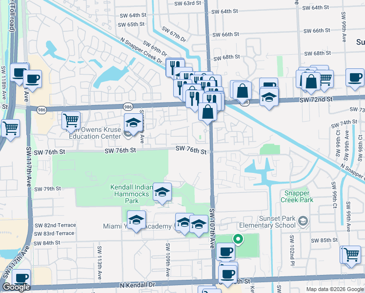 map of restaurants, bars, coffee shops, grocery stores, and more near 10837 Southwest 75th Terrace in Miami