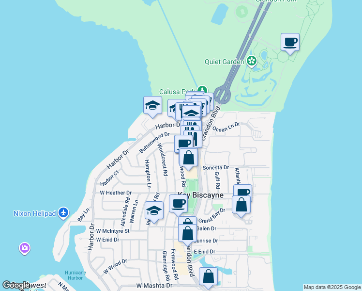 map of restaurants, bars, coffee shops, grocery stores, and more near 101 Hampton Lane in Key Biscayne