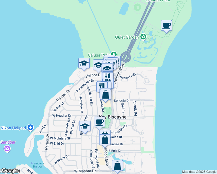 map of restaurants, bars, coffee shops, grocery stores, and more near 104 Crandon Boulevard in Key Biscayne