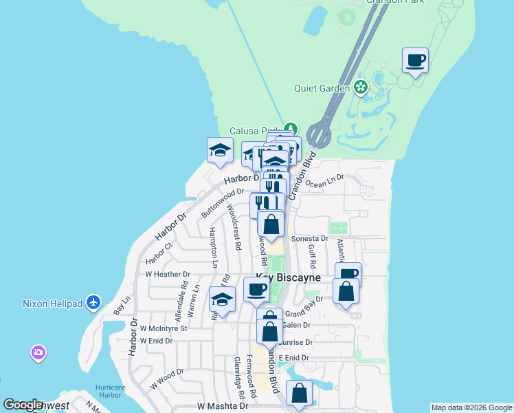 map of restaurants, bars, coffee shops, grocery stores, and more near 101 Hampton Lane in Key Biscayne