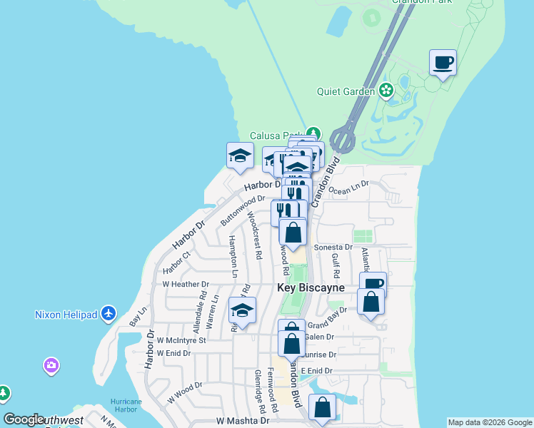 map of restaurants, bars, coffee shops, grocery stores, and more near 165 Hampton Lane in Key Biscayne