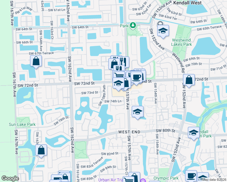 map of restaurants, bars, coffee shops, grocery stores, and more near 7315 Southwest 158th Avenue in Miami