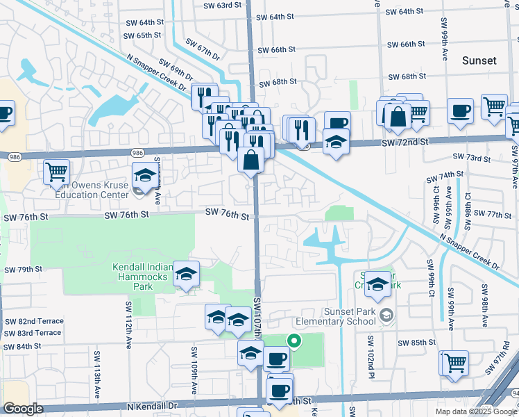 map of restaurants, bars, coffee shops, grocery stores, and more near 10635 Southwest 106th Place in Miami