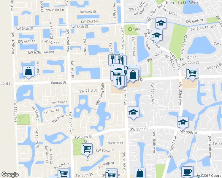 map of restaurants, bars, coffee shops, grocery stores, and more near 15706 Southwest 72nd Street in Miami