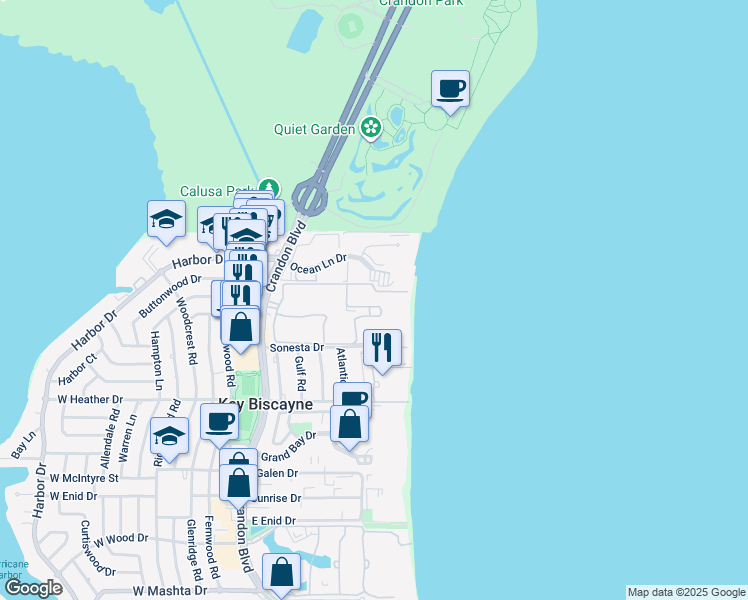 map of restaurants, bars, coffee shops, grocery stores, and more near 251 Crandon Boulevard in Key Biscayne
