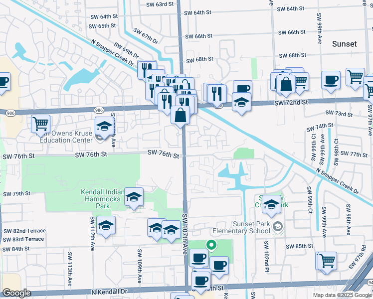 map of restaurants, bars, coffee shops, grocery stores, and more near 10635 Southwest 106th Place in Miami