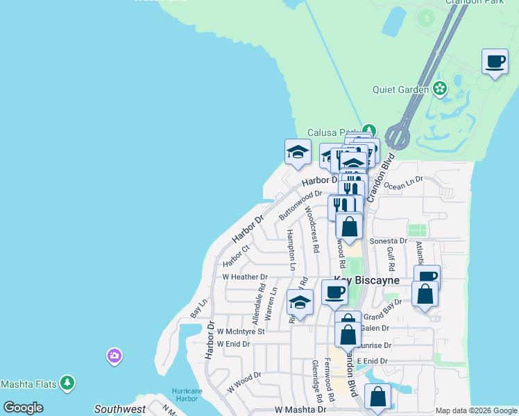 map of restaurants, bars, coffee shops, grocery stores, and more near 200 Harbor Drive in Key Biscayne