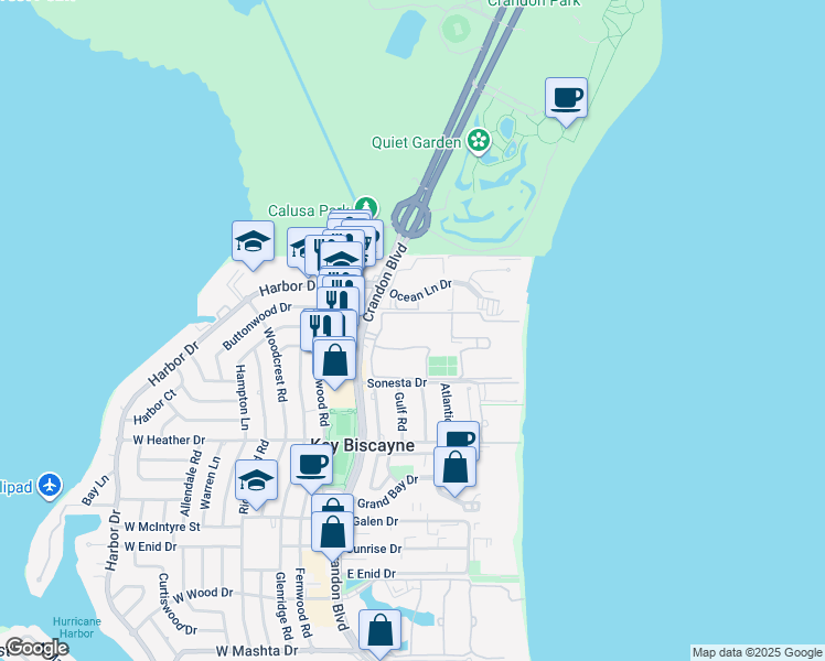map of restaurants, bars, coffee shops, grocery stores, and more near 101 Crandon Boulevard in Key Biscayne