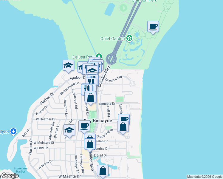 map of restaurants, bars, coffee shops, grocery stores, and more near 101 Crandon Boulevard in Key Biscayne