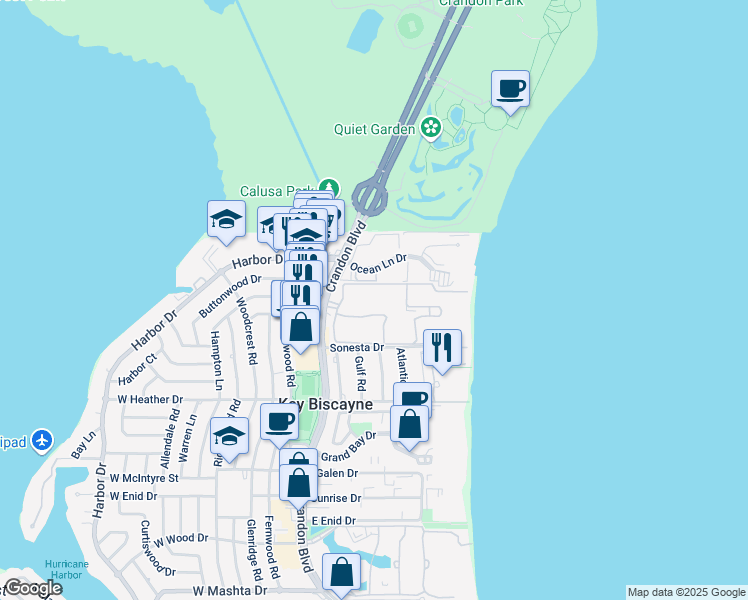 map of restaurants, bars, coffee shops, grocery stores, and more near 181 Crandon Boulevard in Key Biscayne