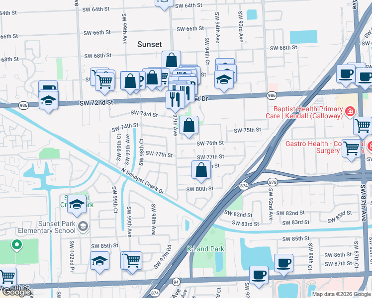 map of restaurants, bars, coffee shops, grocery stores, and more near 7625 Southwest 96th Court in Miami