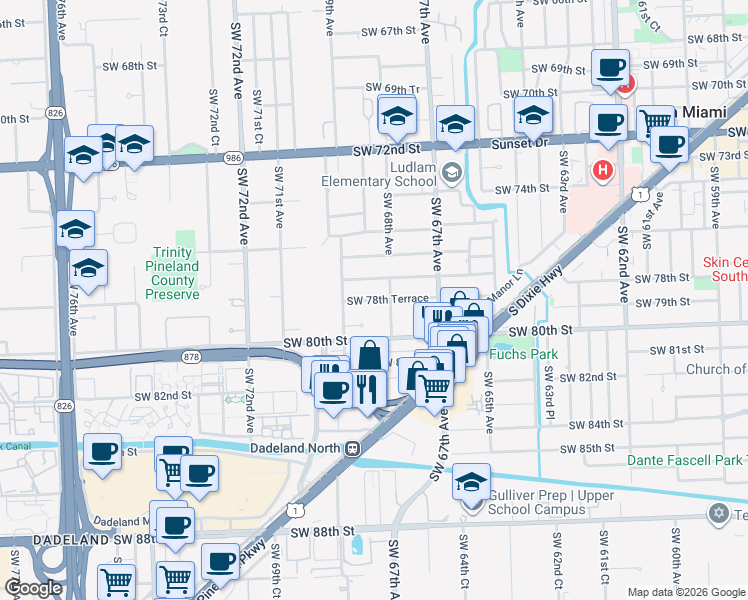 map of restaurants, bars, coffee shops, grocery stores, and more near 6831 Southwest 78th Terrace in South Miami