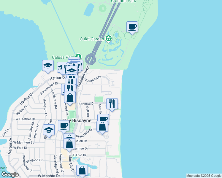 map of restaurants, bars, coffee shops, grocery stores, and more near 251 Crandon Boulevard in Key Biscayne