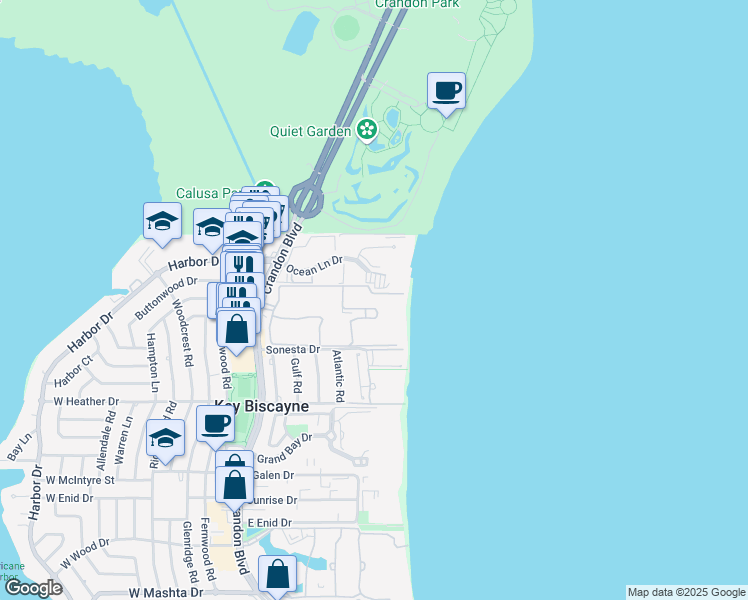 map of restaurants, bars, coffee shops, grocery stores, and more near 251 Crandon Boulevard in Key Biscayne
