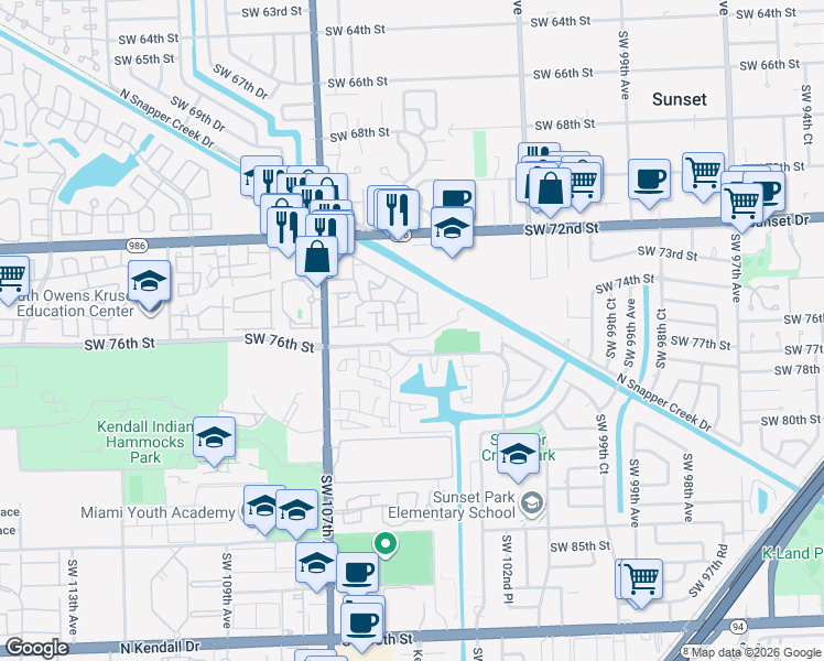map of restaurants, bars, coffee shops, grocery stores, and more near 10466 Southwest 75th Lane in Miami