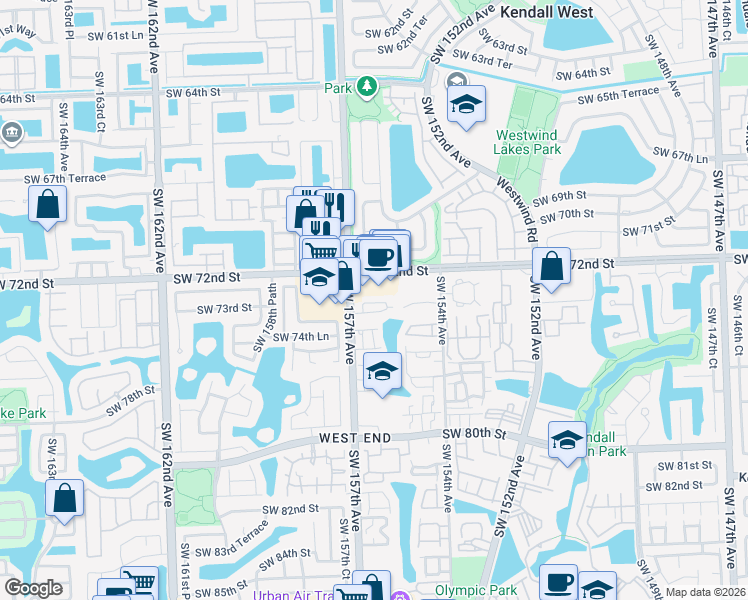 map of restaurants, bars, coffee shops, grocery stores, and more near 15649 Southwest 73rd Circle Terrace in Miami