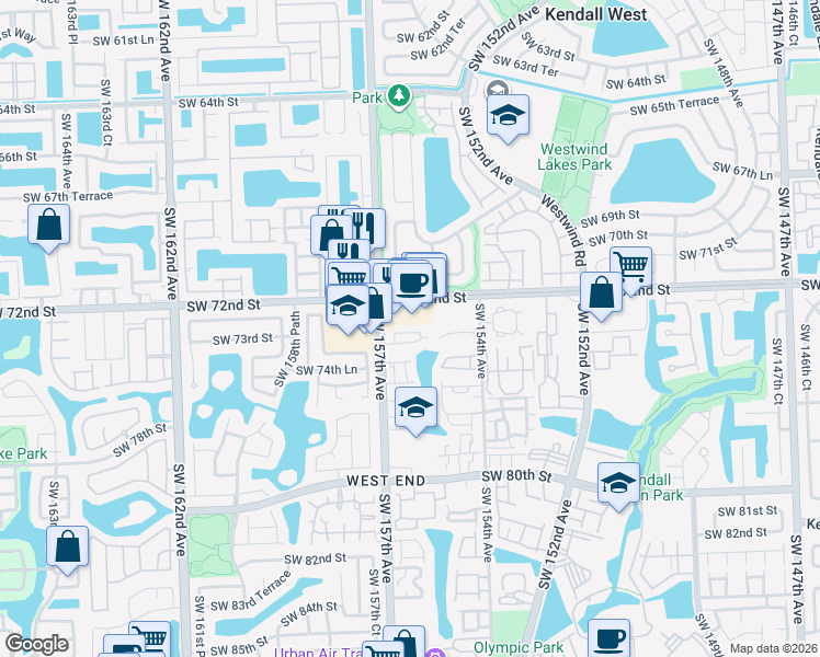 map of restaurants, bars, coffee shops, grocery stores, and more near 15649 Southwest 73rd Circle Terrace in Miami