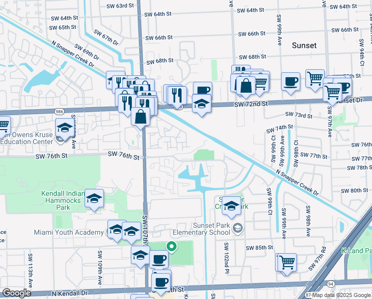 map of restaurants, bars, coffee shops, grocery stores, and more near 10466 Southwest 75th Lane in Miami