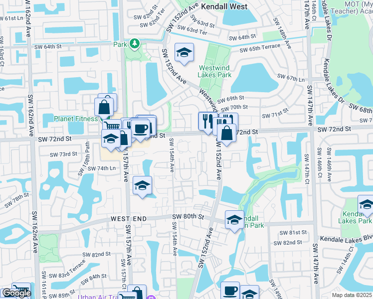 map of restaurants, bars, coffee shops, grocery stores, and more near 15385 Southwest 73rd Terrace Circle in Miami