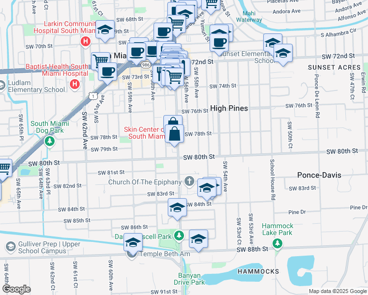 map of restaurants, bars, coffee shops, grocery stores, and more near 7905 Southwest 57th Avenue in South Miami