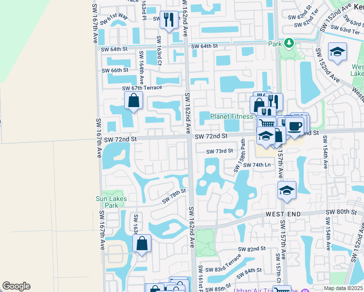 map of restaurants, bars, coffee shops, grocery stores, and more near 7259 Southwest 162nd Place in Miami