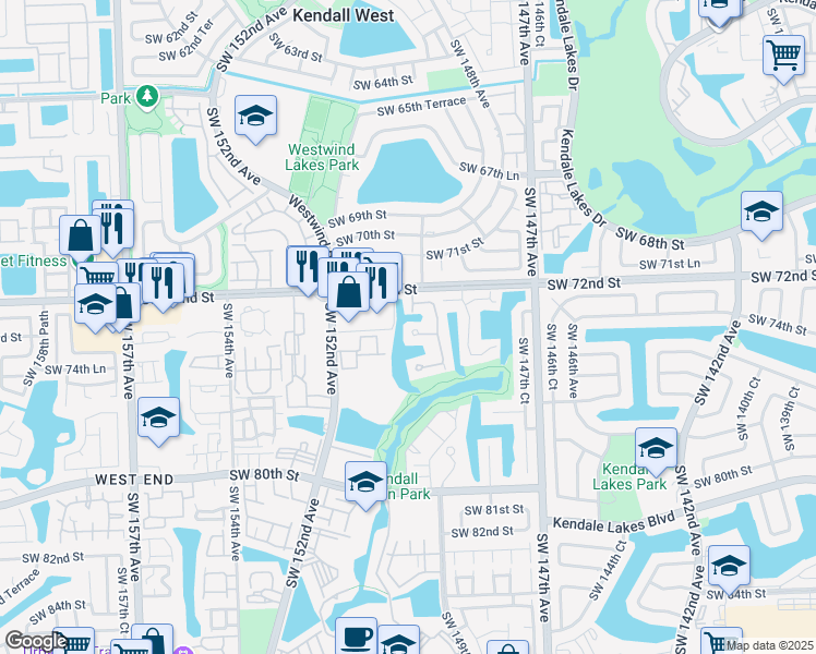 map of restaurants, bars, coffee shops, grocery stores, and more near 14967 Southwest 74th Terrace in Miami