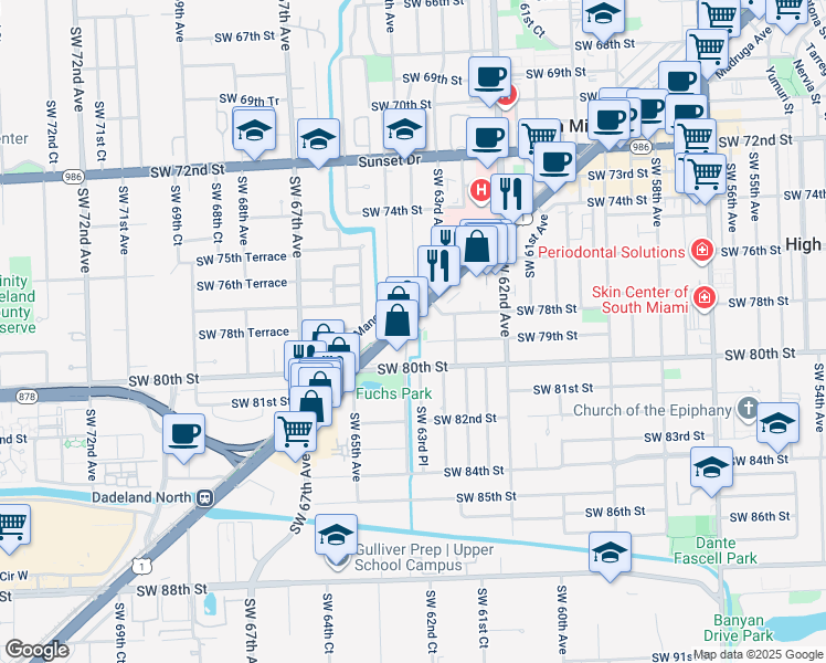 map of restaurants, bars, coffee shops, grocery stores, and more near 6380 South Dixie Highway in South Miami