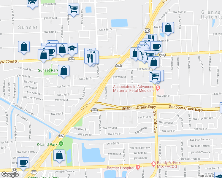 map of restaurants, bars, coffee shops, grocery stores, and more near 7620 Southwest 90th Avenue in Miami