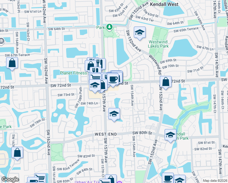 map of restaurants, bars, coffee shops, grocery stores, and more near 15649 Southwest 73rd Circle Terrace in Miami
