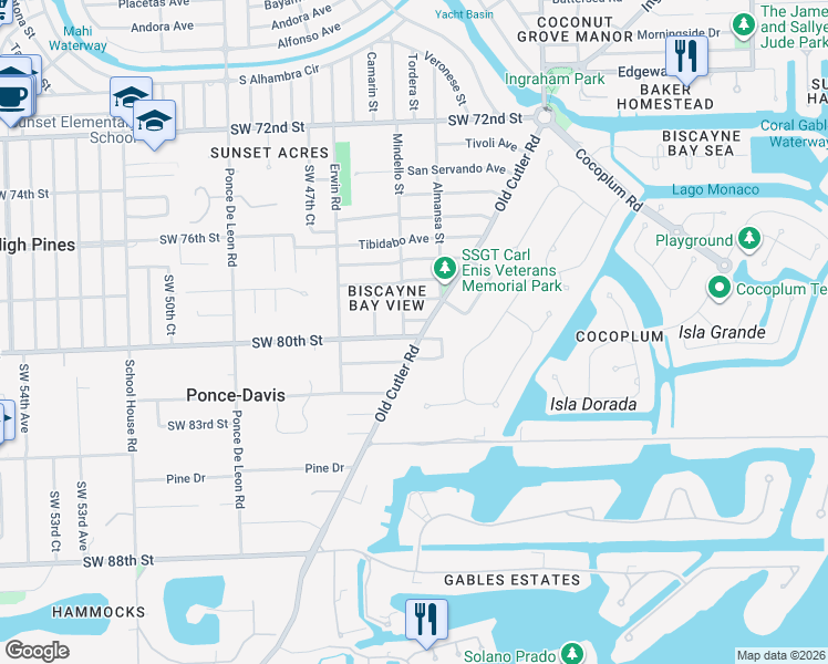 map of restaurants, bars, coffee shops, grocery stores, and more near 7910 Mindello Street in Coral Gables