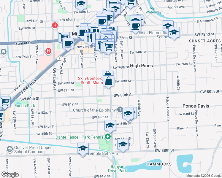 map of restaurants, bars, coffee shops, grocery stores, and more near 7905 Southwest 57th Avenue in South Miami