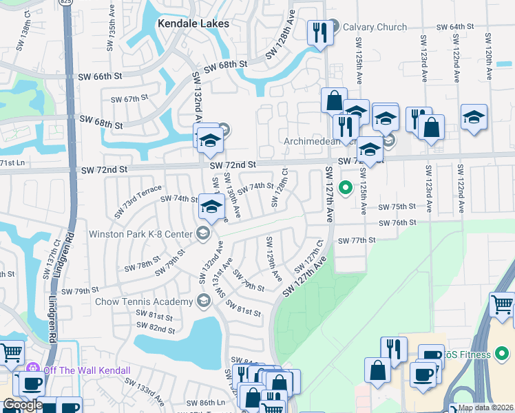 map of restaurants, bars, coffee shops, grocery stores, and more near 7440 Southwest 129th Avenue in Miami