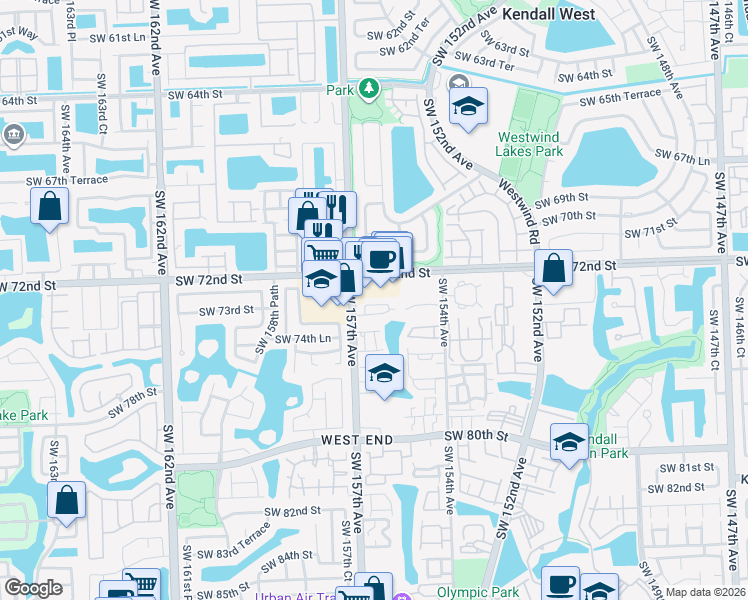 map of restaurants, bars, coffee shops, grocery stores, and more near 15649 Southwest 73rd Circle Terrace in Miami