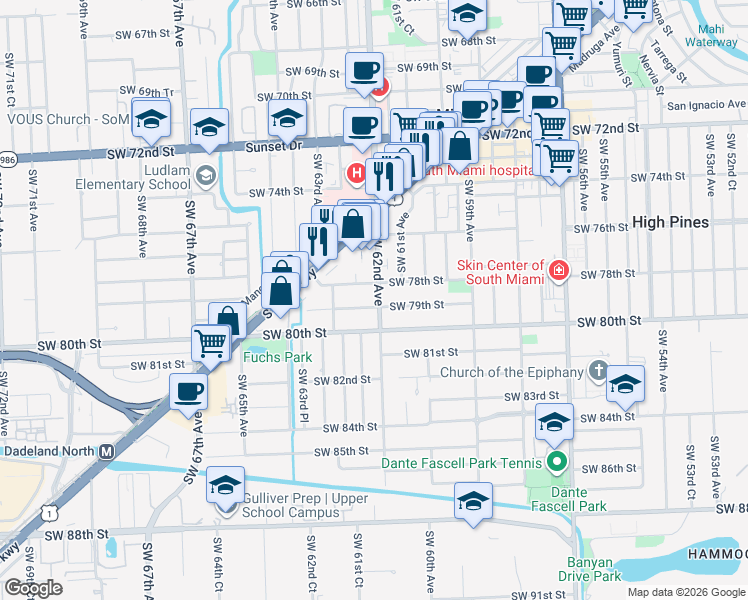 map of restaurants, bars, coffee shops, grocery stores, and more near 6201 Southwest 79th Street in South Miami