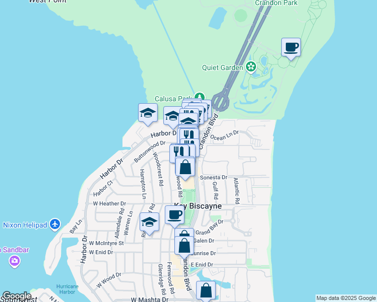 map of restaurants, bars, coffee shops, grocery stores, and more near 180 Crandon Boulevard in Key Biscayne