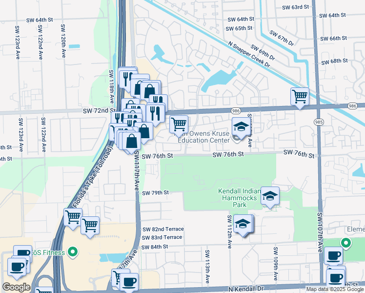 map of restaurants, bars, coffee shops, grocery stores, and more near 7461 Southwest 114th Court in Miami