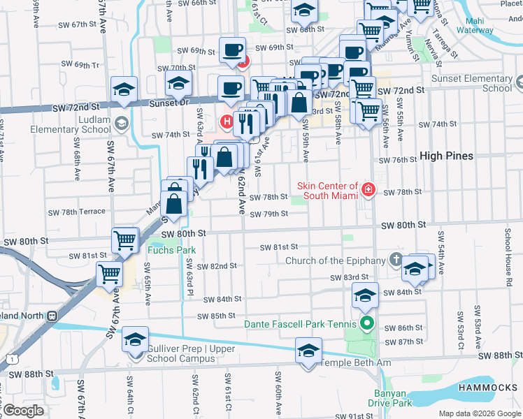 map of restaurants, bars, coffee shops, grocery stores, and more near 6091 Southwest 79th Street in South Miami