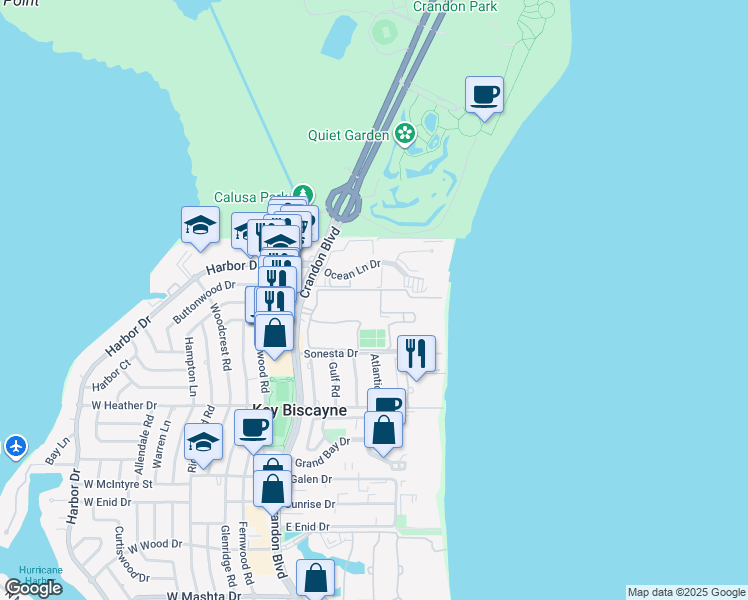 map of restaurants, bars, coffee shops, grocery stores, and more near 181 Crandon Boulevard in Key Biscayne