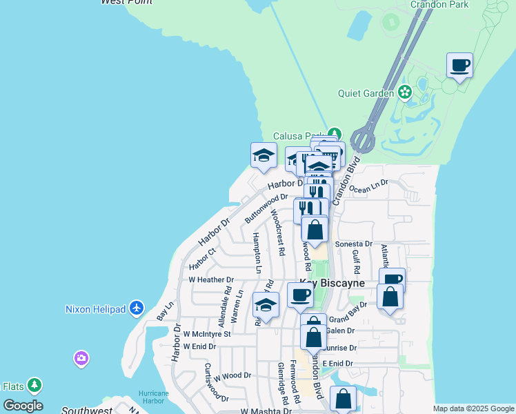 map of restaurants, bars, coffee shops, grocery stores, and more near 215 Buttonwood Drive in Key Biscayne